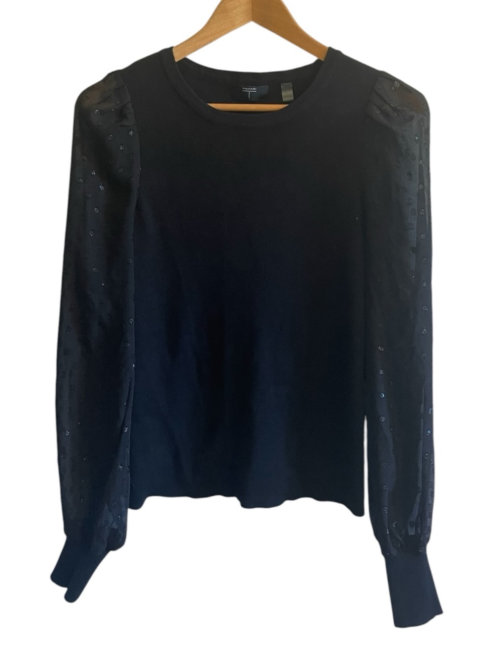 H8- T Tahari Large LG Elegant Black Puff- sheer Sleeve Women's Top